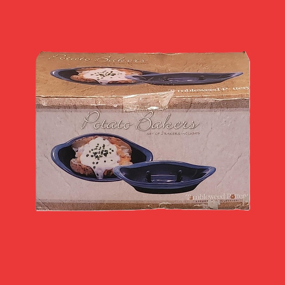 Tumbleweed Pottery Stoneware Potato Bakers Set 2 Cobalt Blue Glaze Spiked Dish